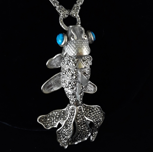 Gold Fish Marcasite and Turquoise Necklace - Picture 11 of 11